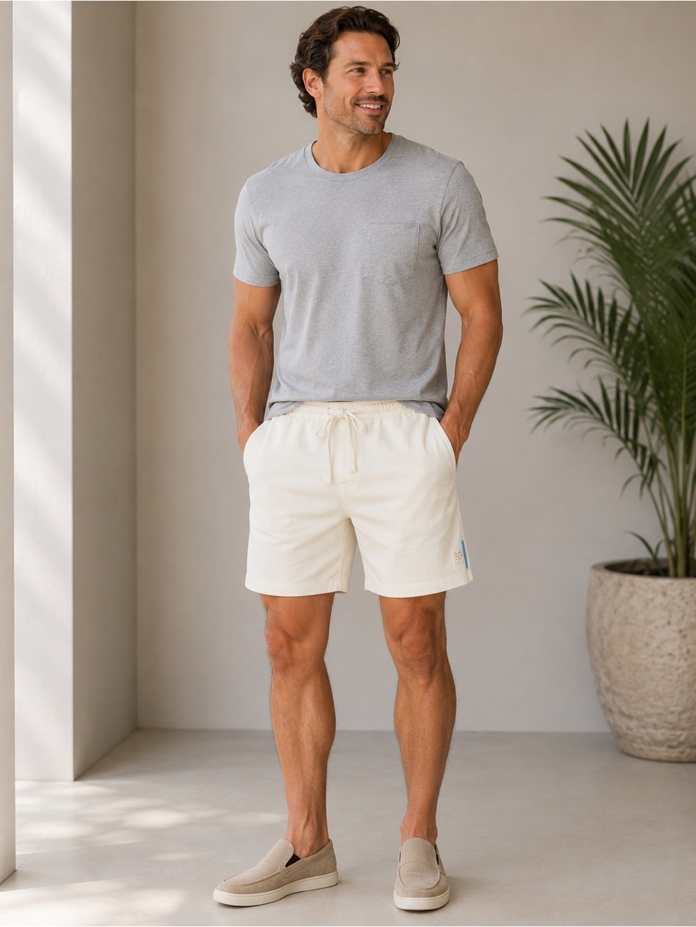 🆕🎉NWT Pull&Bear Cream Drawstring Flat Front Men's Shorts